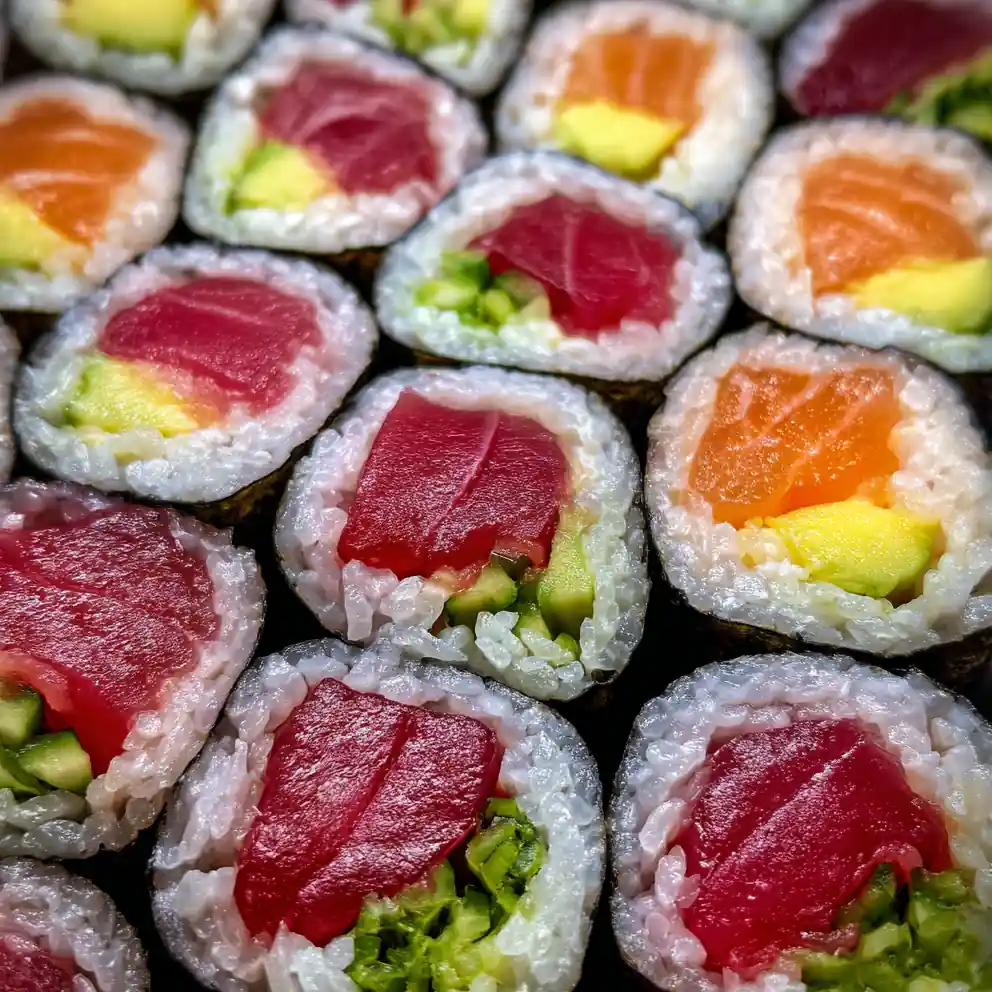 Hand-Rolled Sushi Rolls With Fresh Fish And Avocado 6 Hand-Rolled Sushi Rolls with Fresh Fish and Avocado