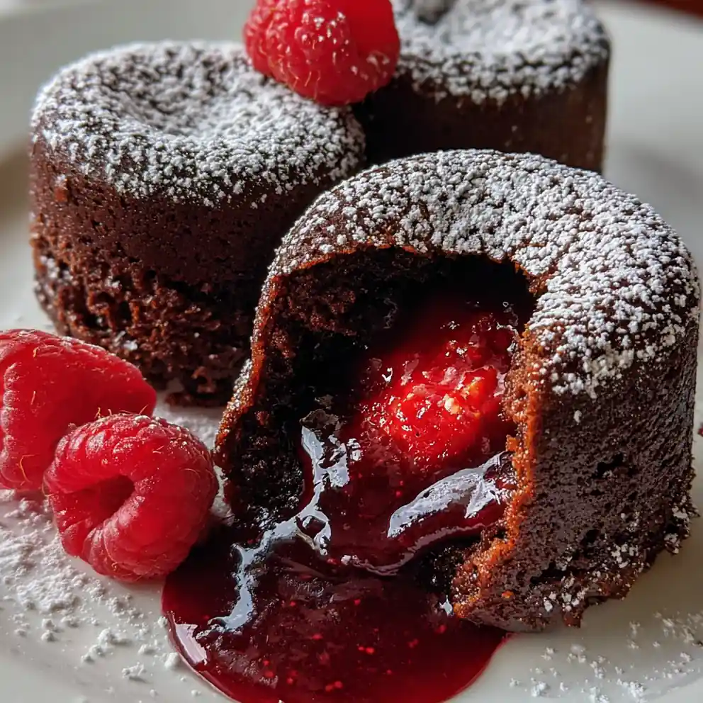 molten lava cake recipe With Raspberry Core And Dusting