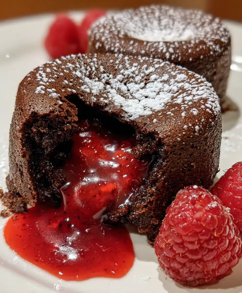 molten lava cake recipe With Raspberry Core And Dusting