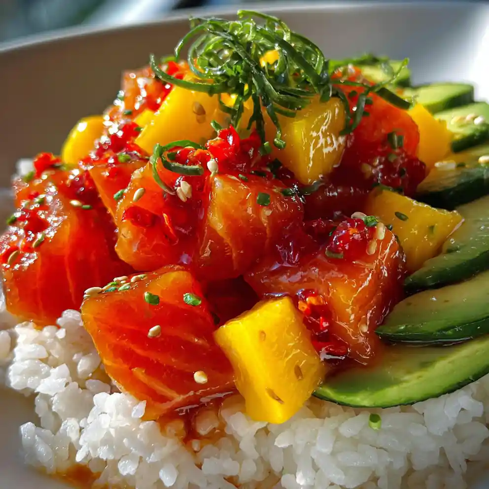 salmon poke bowl recipe With Mango Chili Cubes