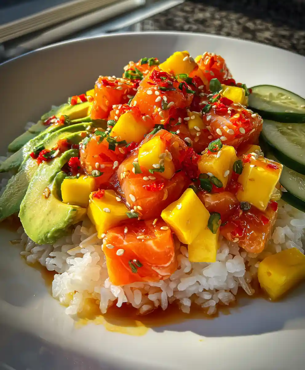 salmon poke bowl recipe With Mango Chili Cubes