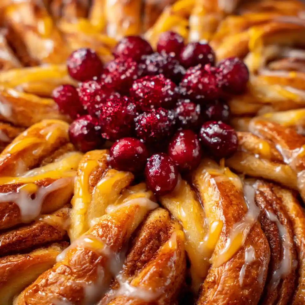 cinnamon roll snowflake recipe Orange Glaze and Cranberry Sparkle