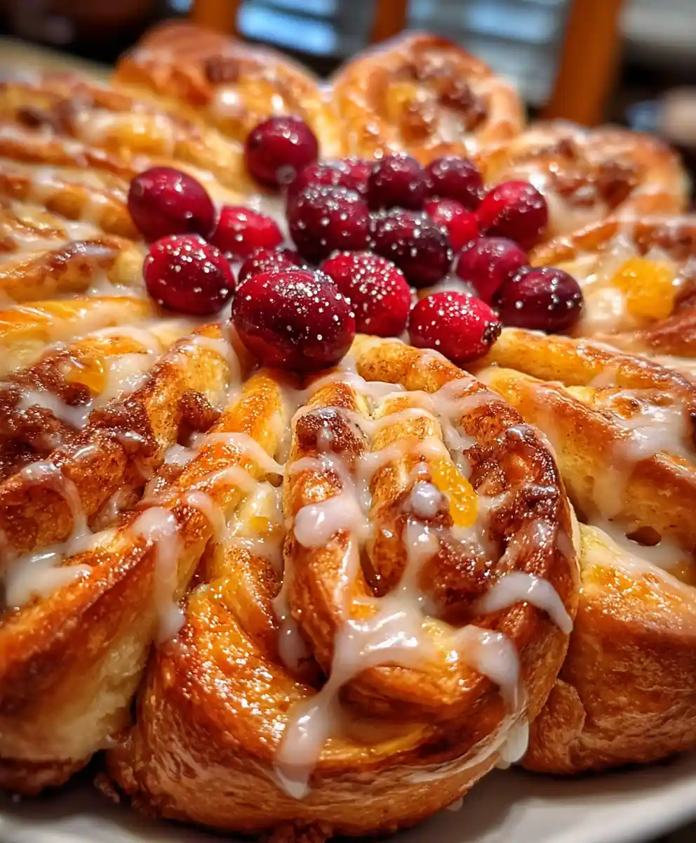 cinnamon roll snowflake recipe Orange Glaze and Cranberry Sparkle