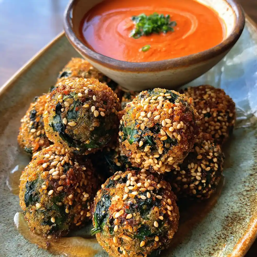 Spinach Balls Recipe Sesame-Crusted With Red Pepper Dip 6 spinach balls recipe Sesame-Crusted With Red Pepper Dip