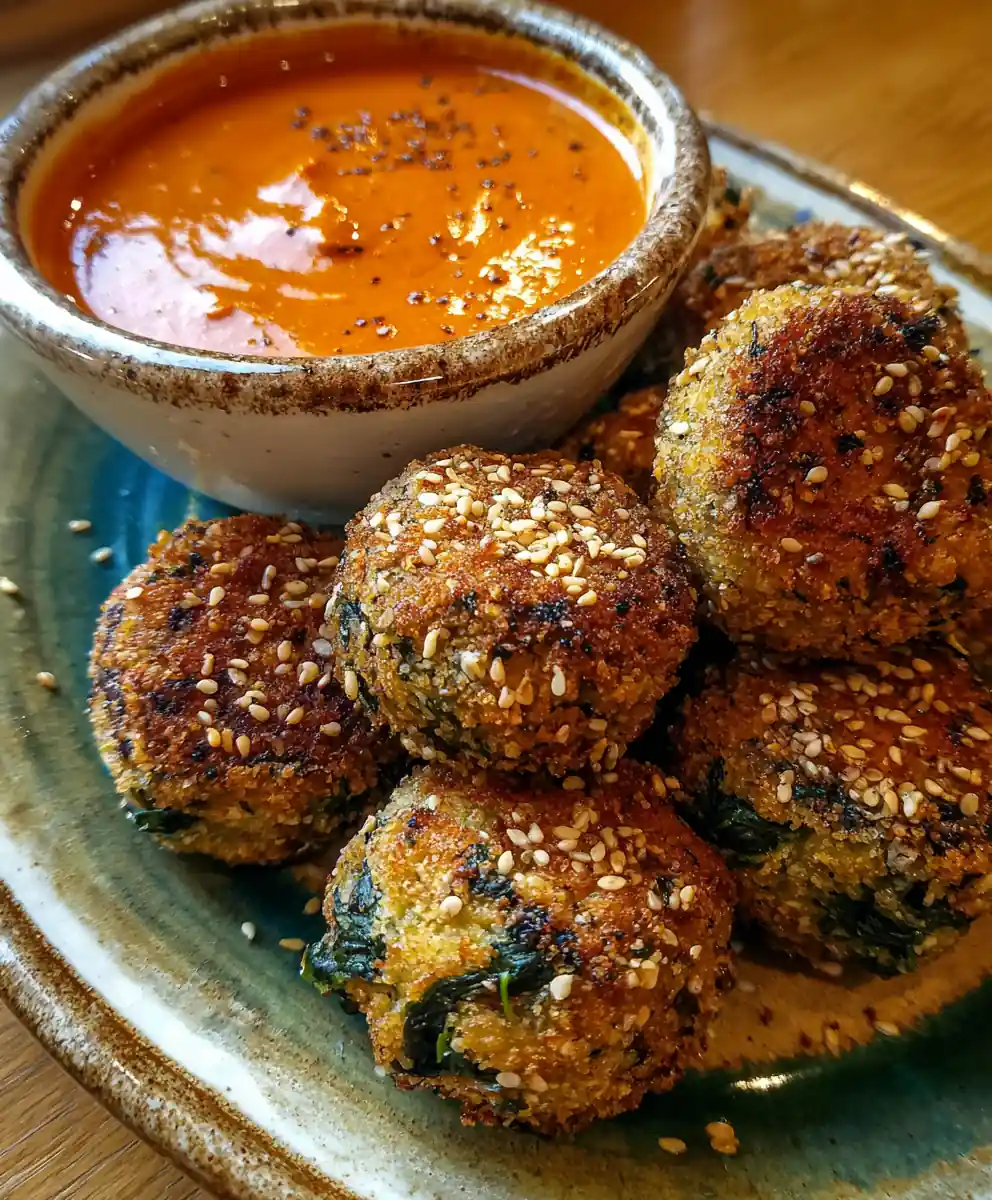 Spinach Balls Recipe Sesame-Crusted With Red Pepper Dip 7 spinach balls recipe Sesame-Crusted With Red Pepper Dip