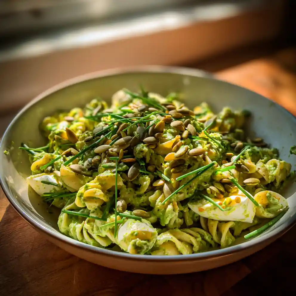Basil Infused Avocado Swirl Deviled Egg Pasta Salad