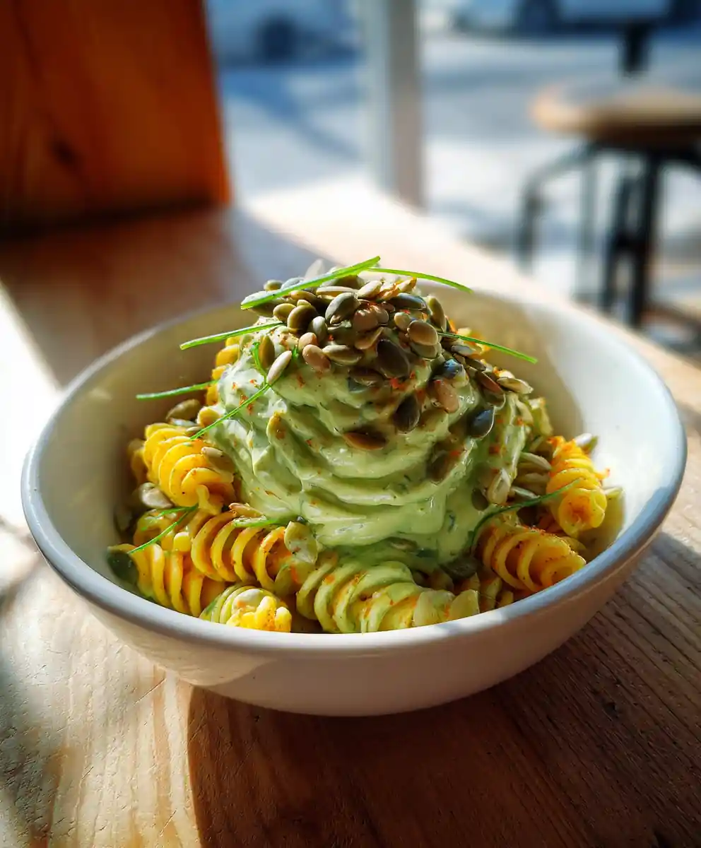 Basil Infused Avocado Swirl Deviled Egg Pasta Salad