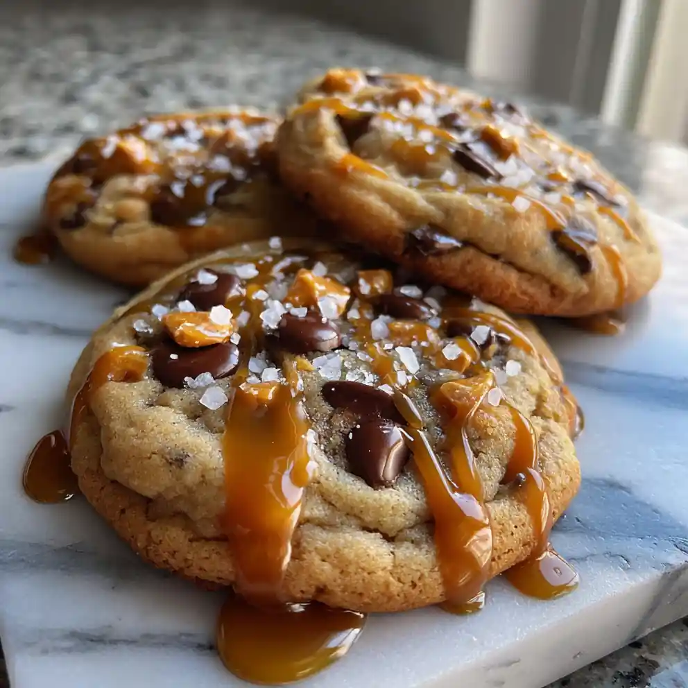 Brown Butter Toffee Chocolate Chip Cookies With Salted Caramel Drizzle
