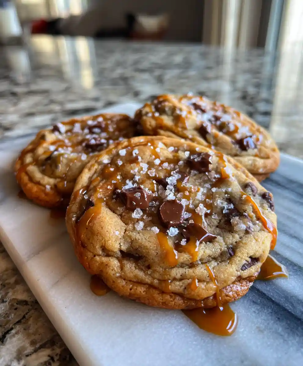 Brown Butter Toffee Chocolate Chip Cookies With Salted Caramel Drizzle