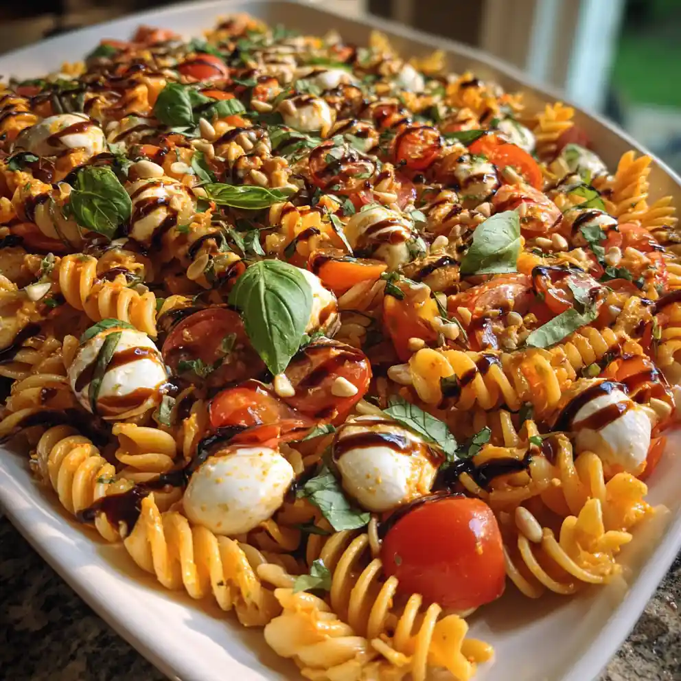 Caprese Pasta Salad With Roasted Red Pepper Cream And Balsamic Glaze