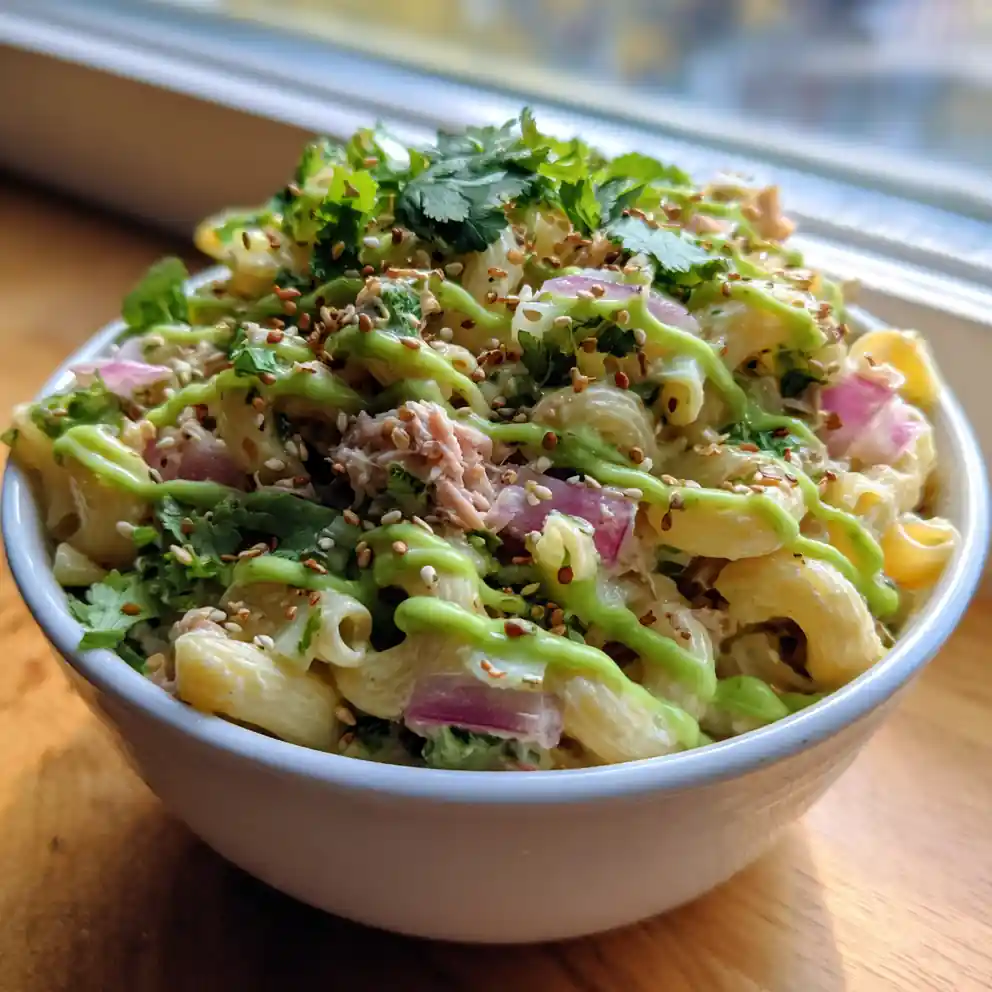 Citrus Miso Tuna Macaroni Salad With Avocado Lime Drizzle