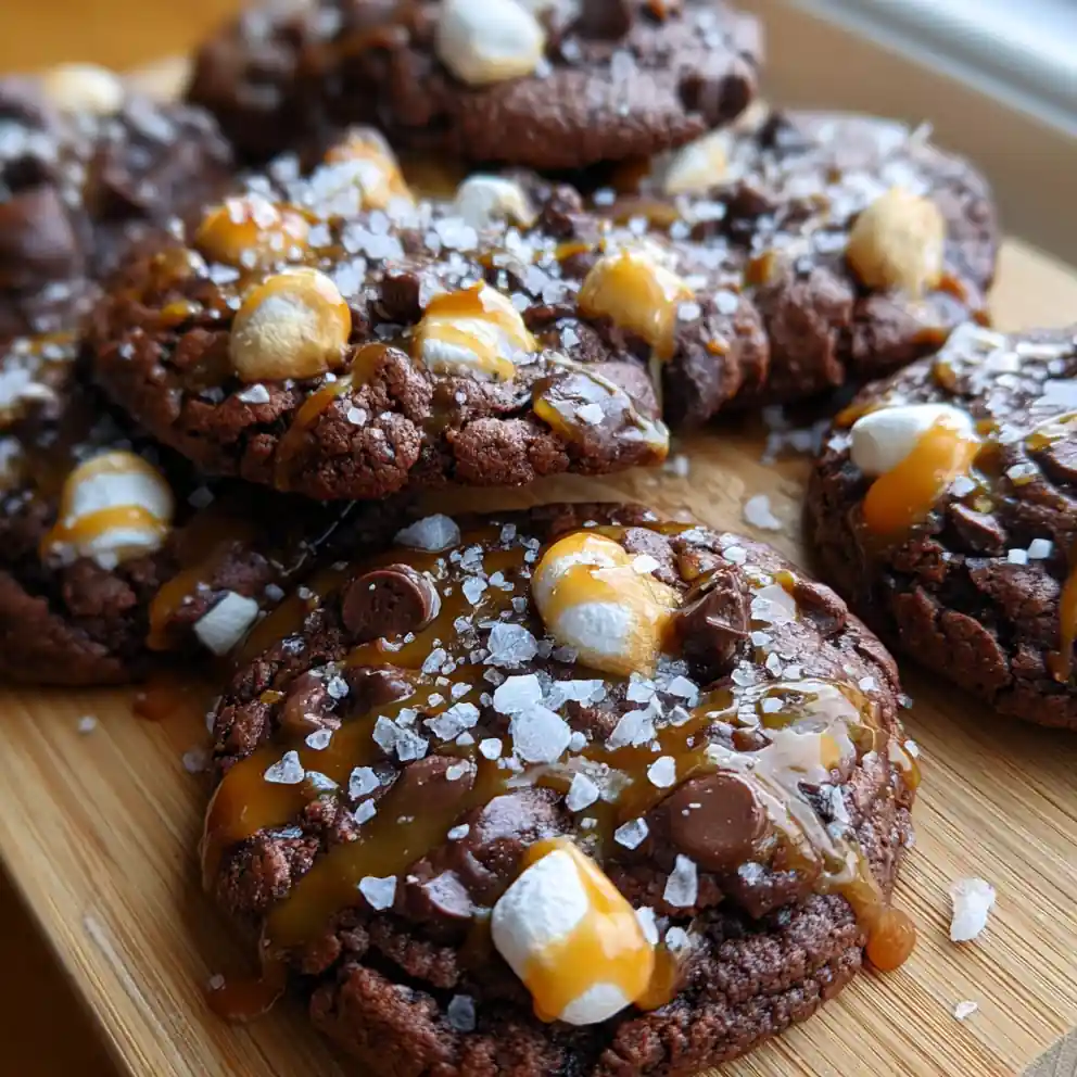 Fluffy Marshmallow Chocolate Cookies With Caramel Drizzle