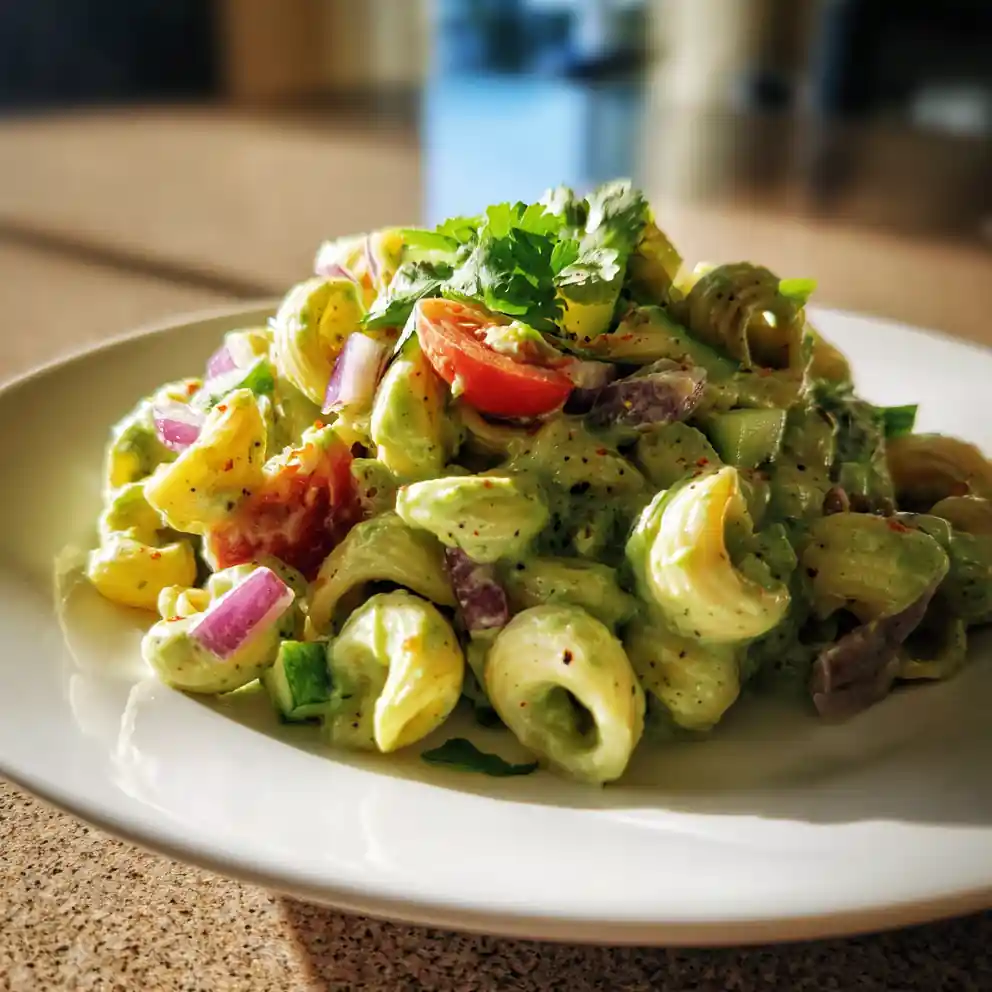 Green Avocado Lime Macaroni Salad With Pumpkin Seed Garnish