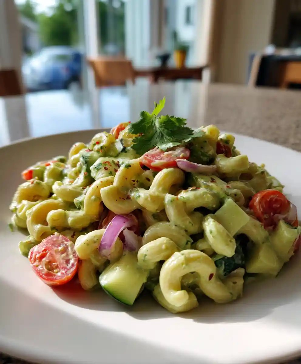 Green Avocado Lime Macaroni Salad With Pumpkin Seed Garnish