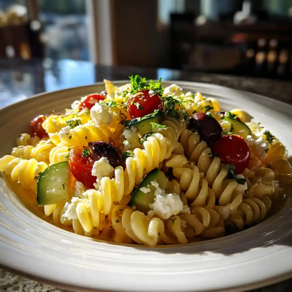 Lemon Garlic Pasta Salad With Herb Feta Crumble
