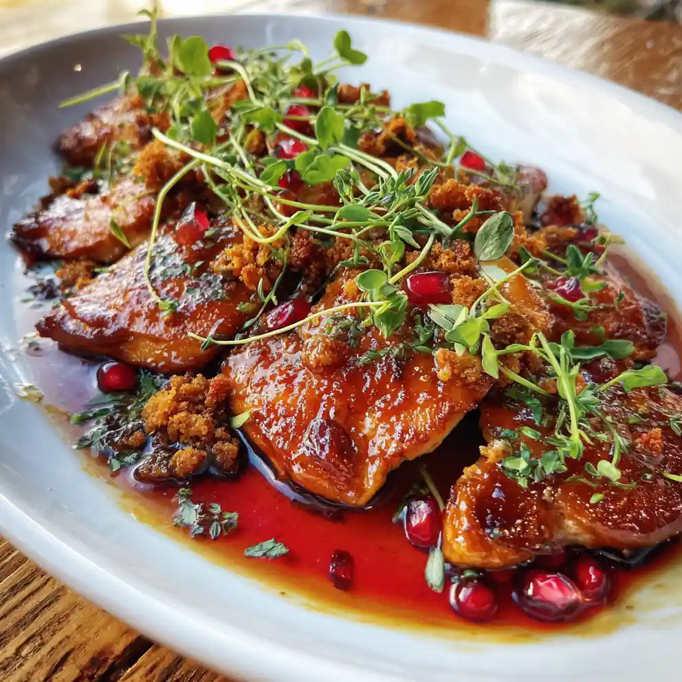 Maple Glazed Chicken Thighs With Smoked Turkey Crumble And Dijon Pomegranate Cream Sauce 6 Maple Glazed Chicken Thighs With Smoked Turkey Crumble And Dijon Pomegranate Cream Sauce