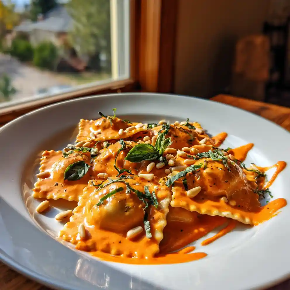 Ravioli With Roasted Red Pepper Cream Sauce 6 Ravioli With Roasted Red Pepper Cream Sauce