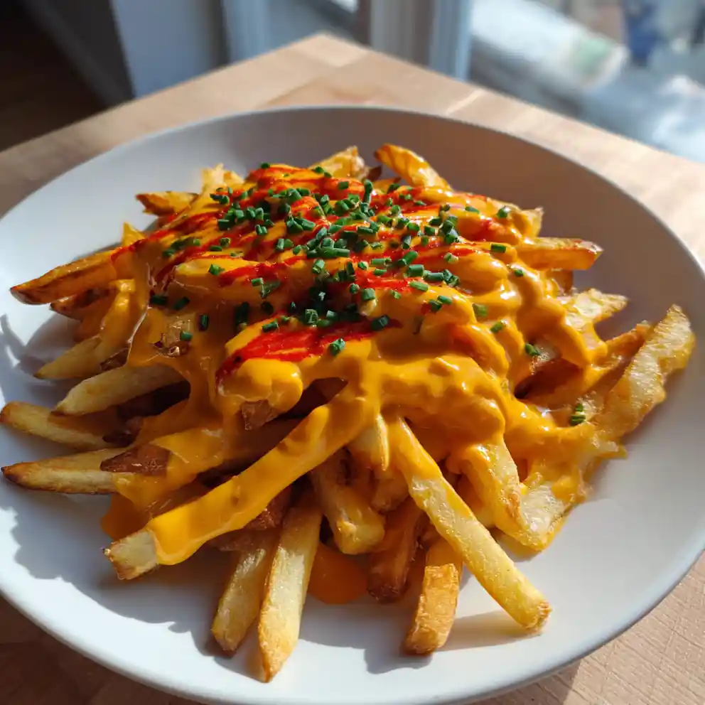 Roasted Red Pepper Cheese Sauce Over Crispy Fries