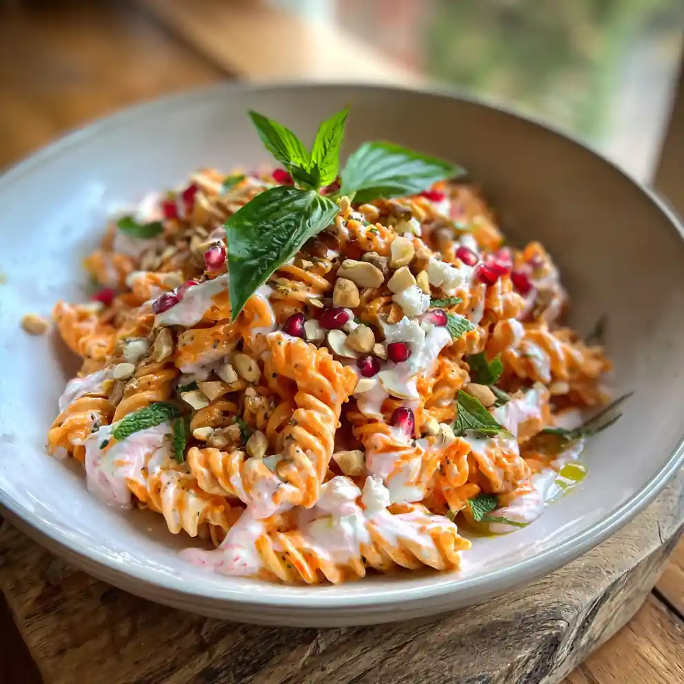 Roasted Red Pepper Yogurt Pasta Salad With Pine Nut Crunch 6 Roasted Red Pepper Yogurt Pasta Salad With Pine Nut Crunch