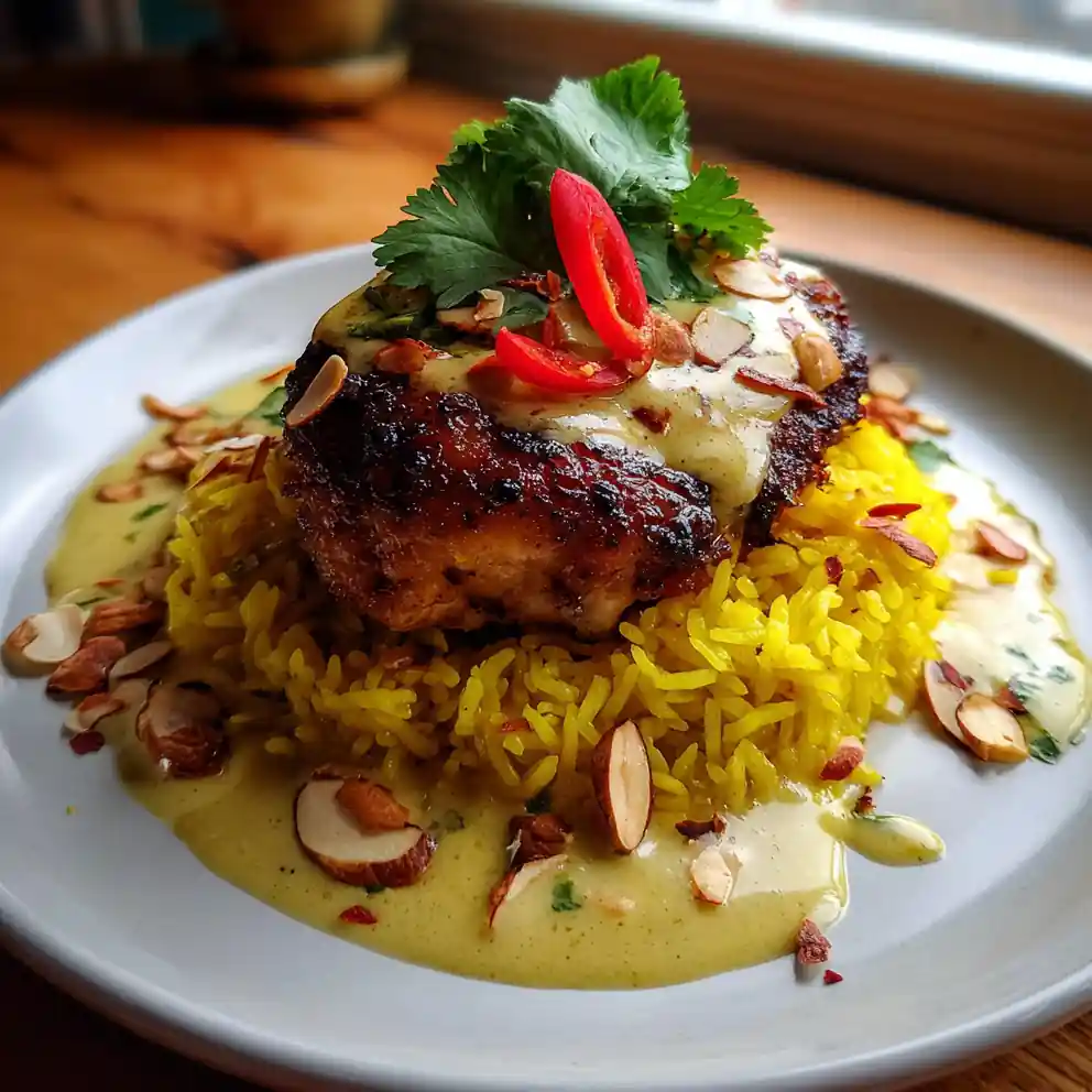Saffron Cashew Smothered Chicken And Turmeric Rice