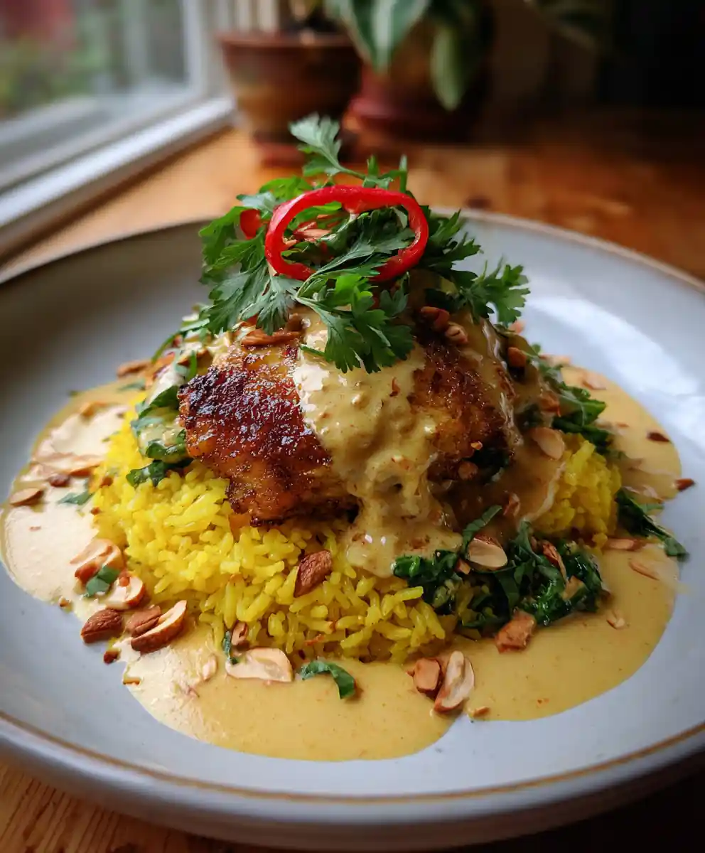 Saffron Cashew Smothered Chicken And Turmeric Rice