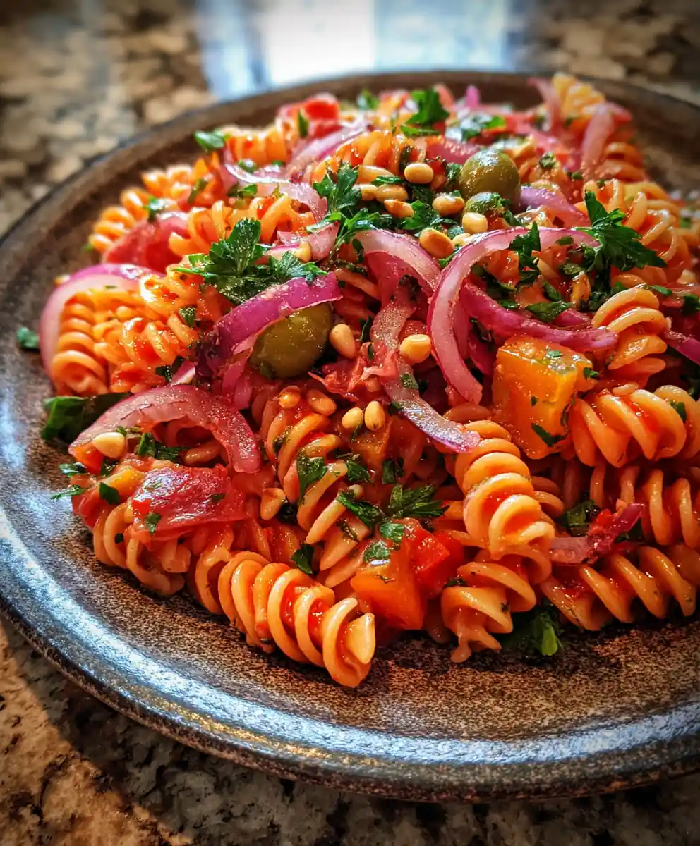 Smoky Roasted Red Pepper Muffuletta Pasta Salad With Olive Vinaigrette Swirl 7 Smoky Roasted Red Pepper Muffuletta Pasta Salad With Olive Vinaigrette Swirl