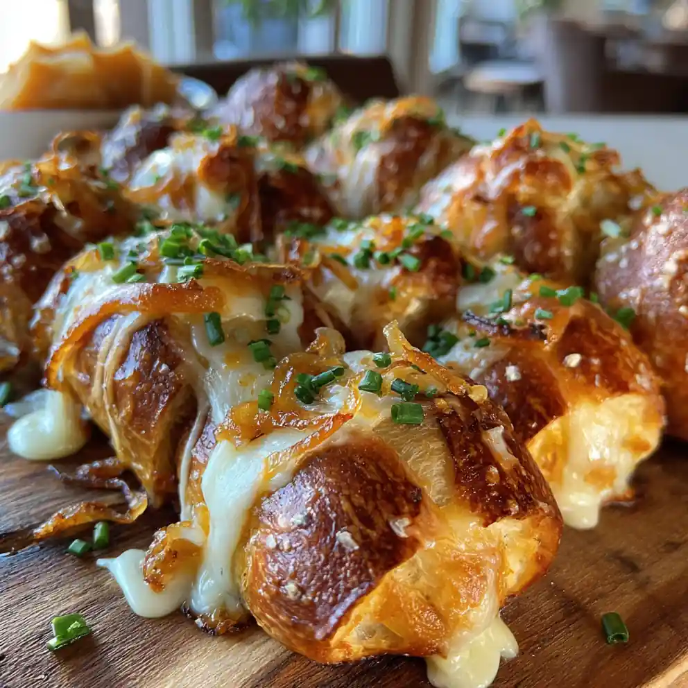 Sourdough Pretzel Bites With Cheddar Caramelized Onion Drizzle