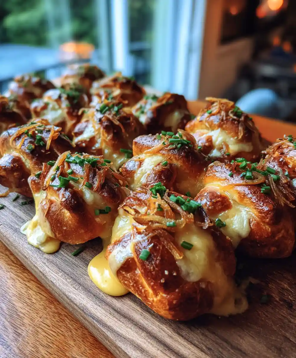 Sourdough Pretzel Bites With Cheddar Caramelized Onion Drizzle