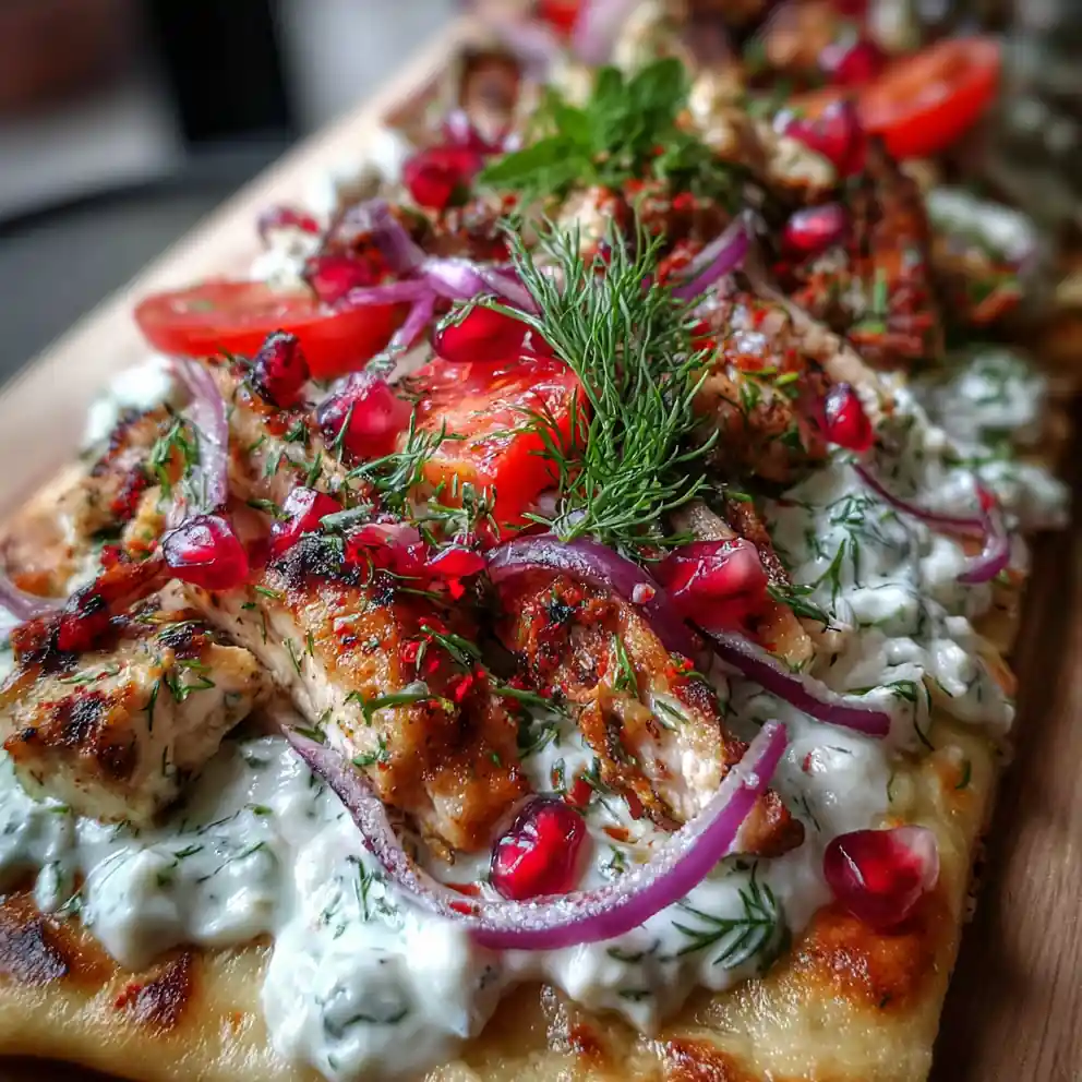 Creamy Greek Chicken Flatbread With Tzatziki, Cucumbers, Tomatoes & Red Onion – Dinner Win!