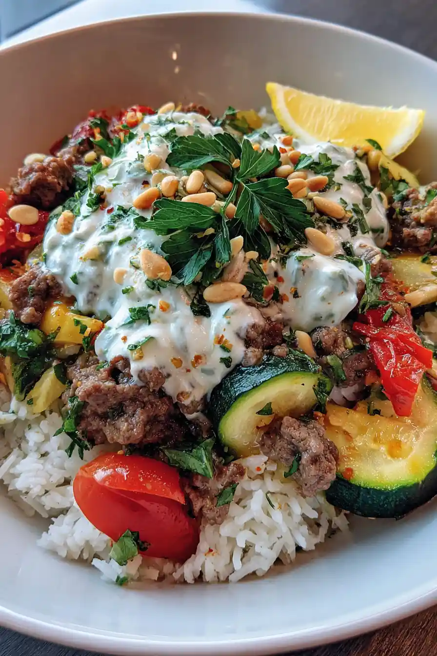 Easy Mediterranean Ground Beef Bowl With Rice, Veggies, And Tzatziki