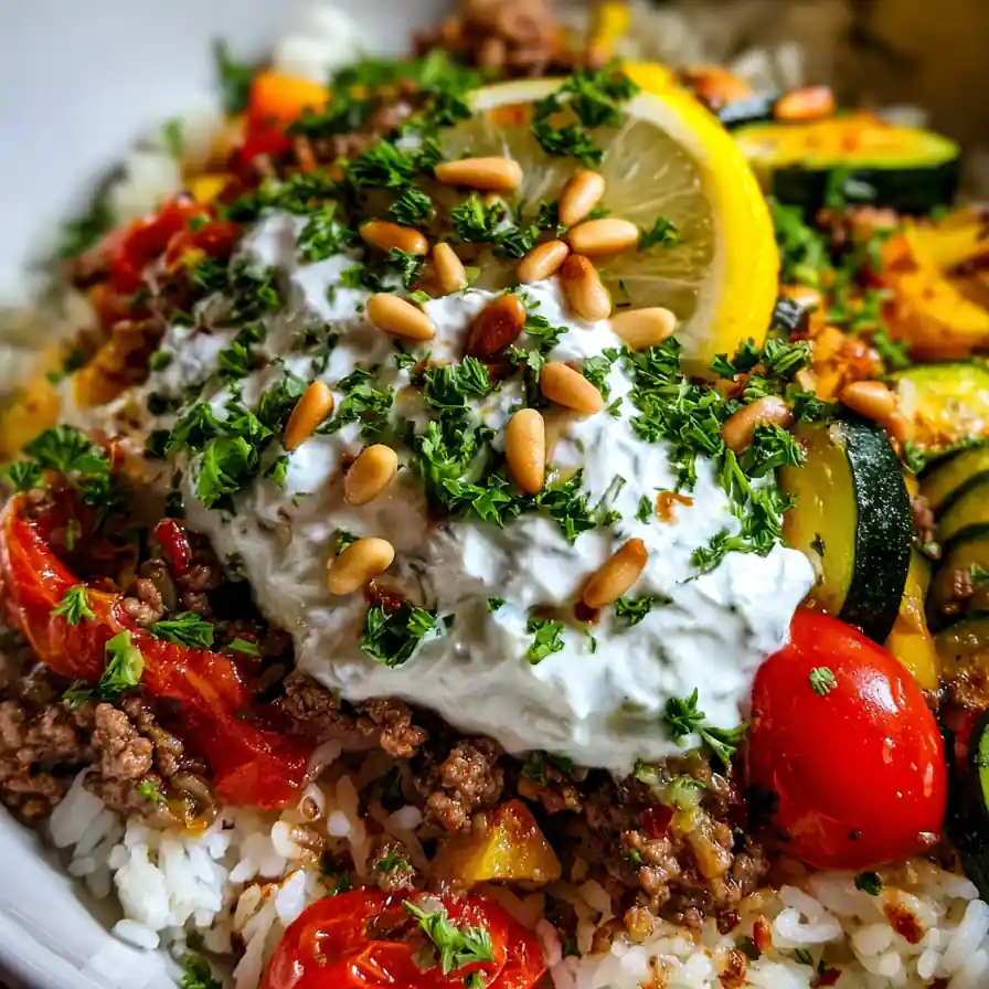 Easy Mediterranean Ground Beef Bowl With Rice, Veggies, And Tzatziki