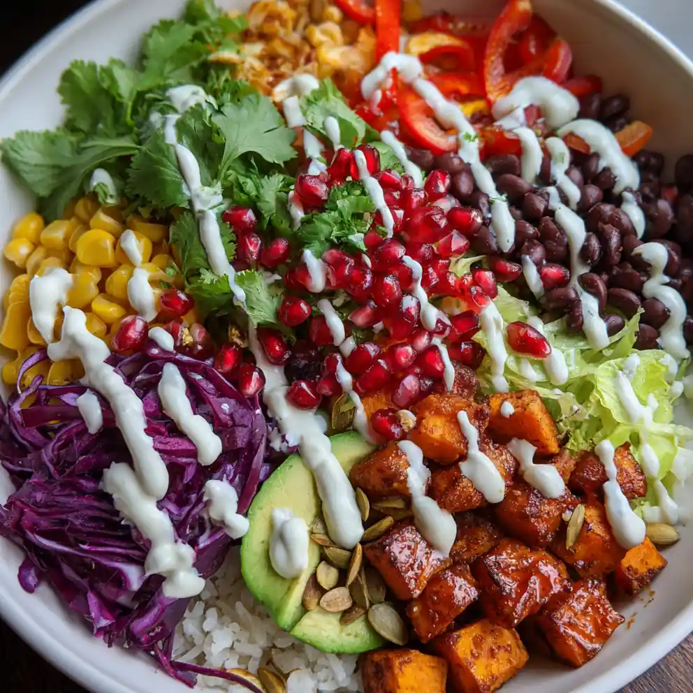 Vegan Sweet Potato Burrito Bowl With Lime Crema And Pomegranate 6 Vegan Sweet Potato Burrito Bowl With Lime Crema And Pomegranate