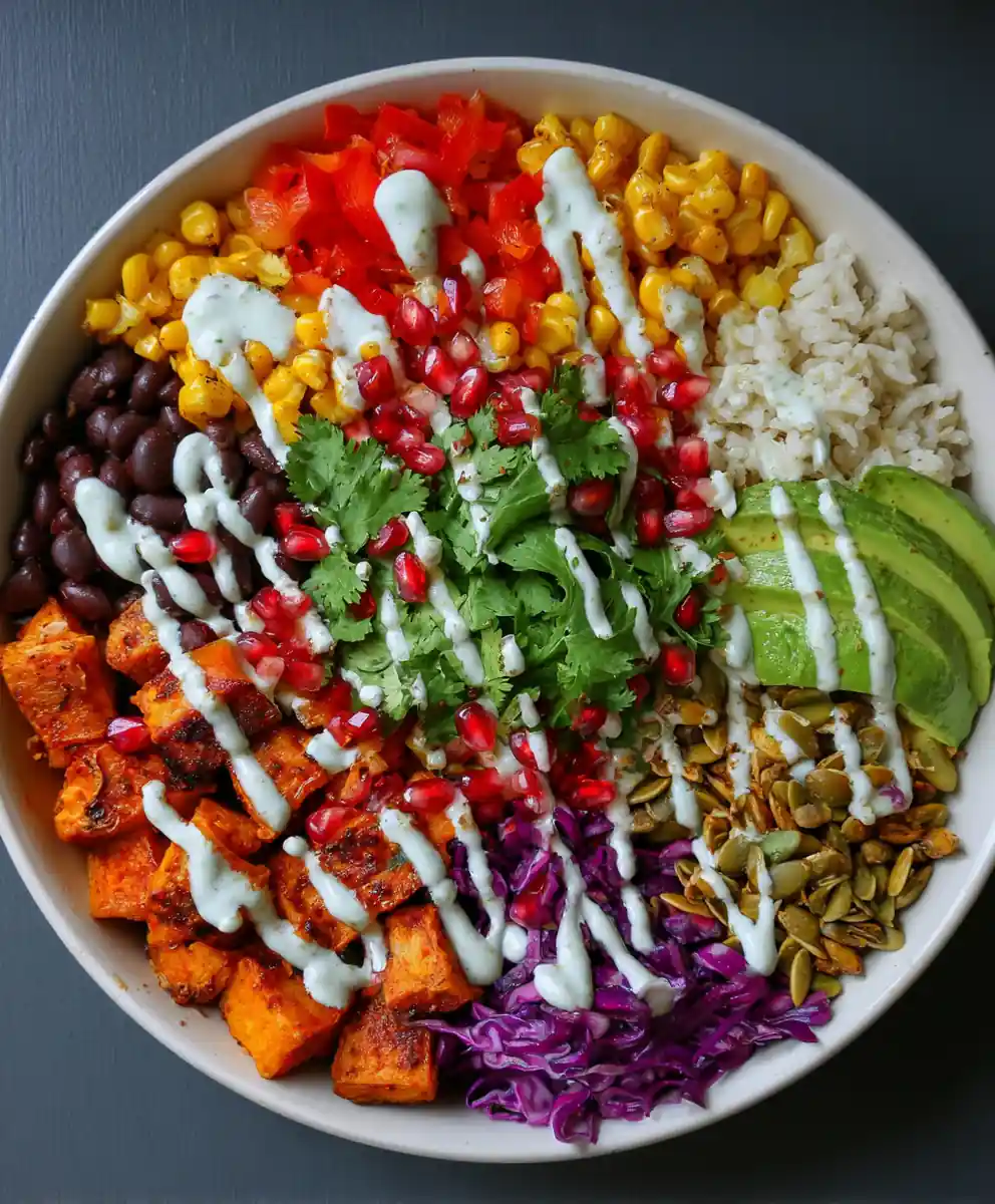 Vegan Sweet Potato Burrito Bowl With Lime Crema And Pomegranate 7 Vegan Sweet Potato Burrito Bowl With Lime Crema And Pomegranate
